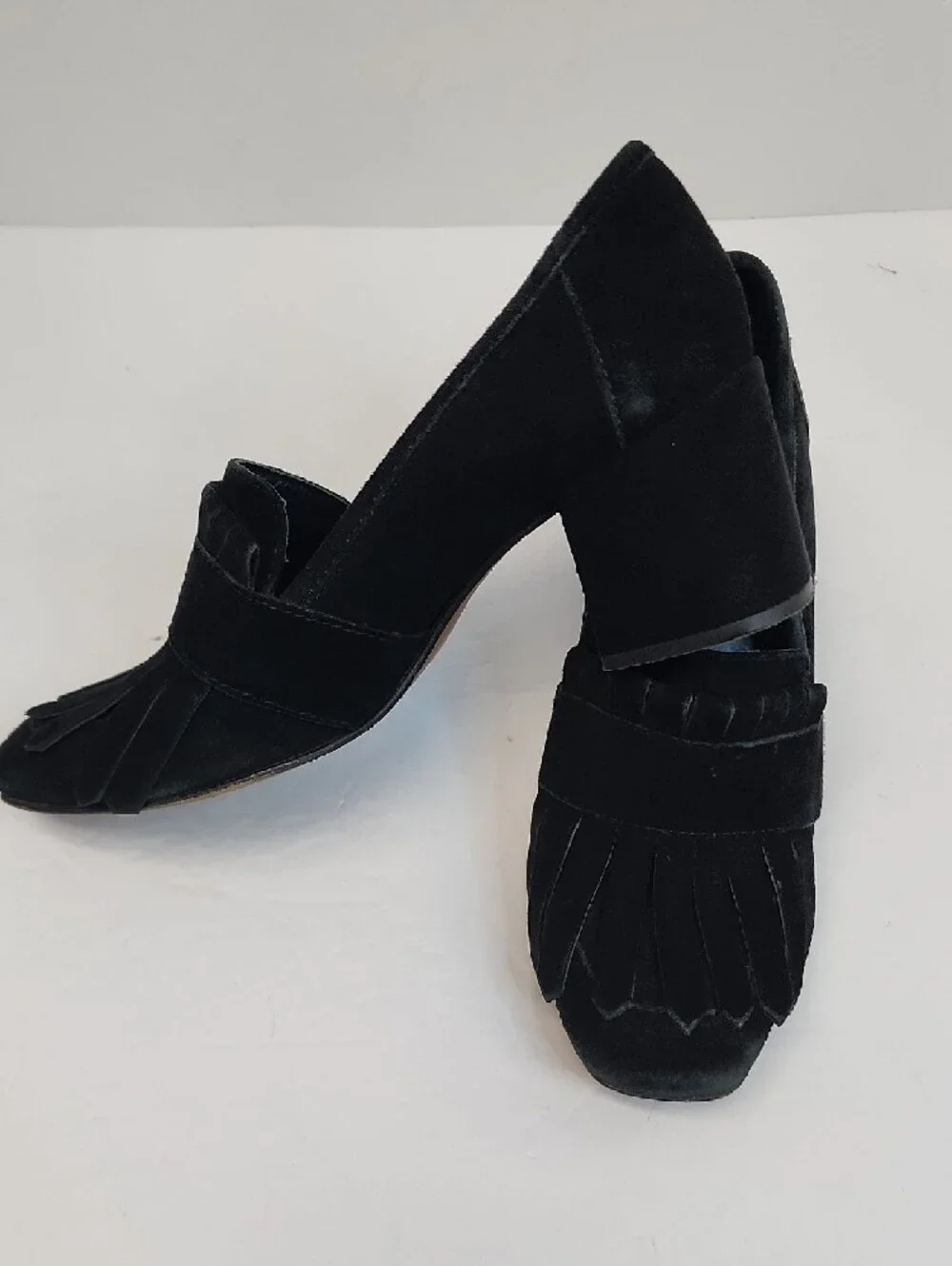 Black Suede Fringe Block Heel Loafers - Women